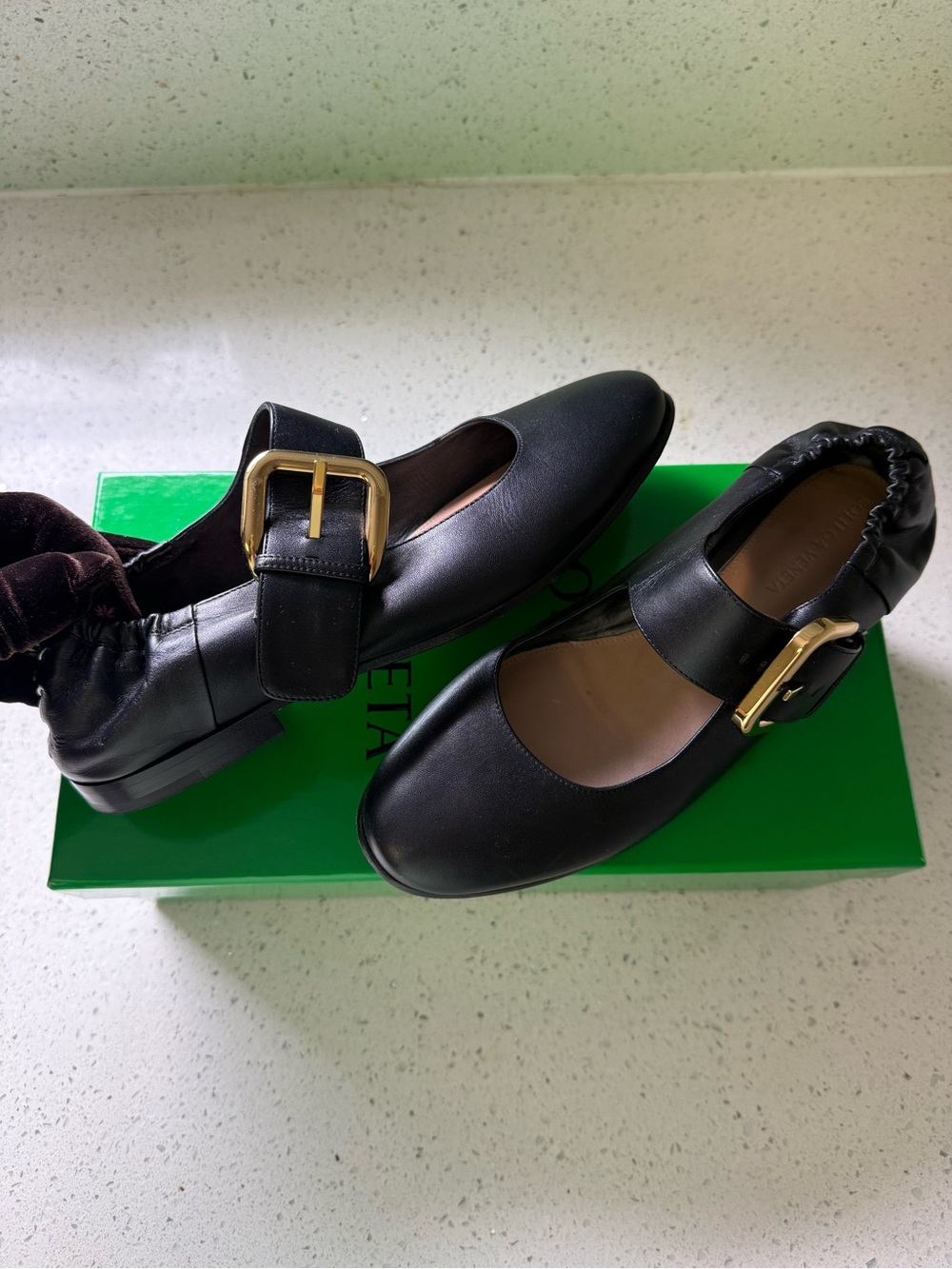 Bottega Veneta Black Leather Mary Jane Flats with Gold Buckle